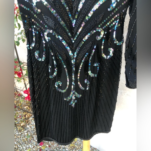 Formalblack mesh sequin beaded silk mini dress with long sleeve holiday sparkle - Picture 16 of 16